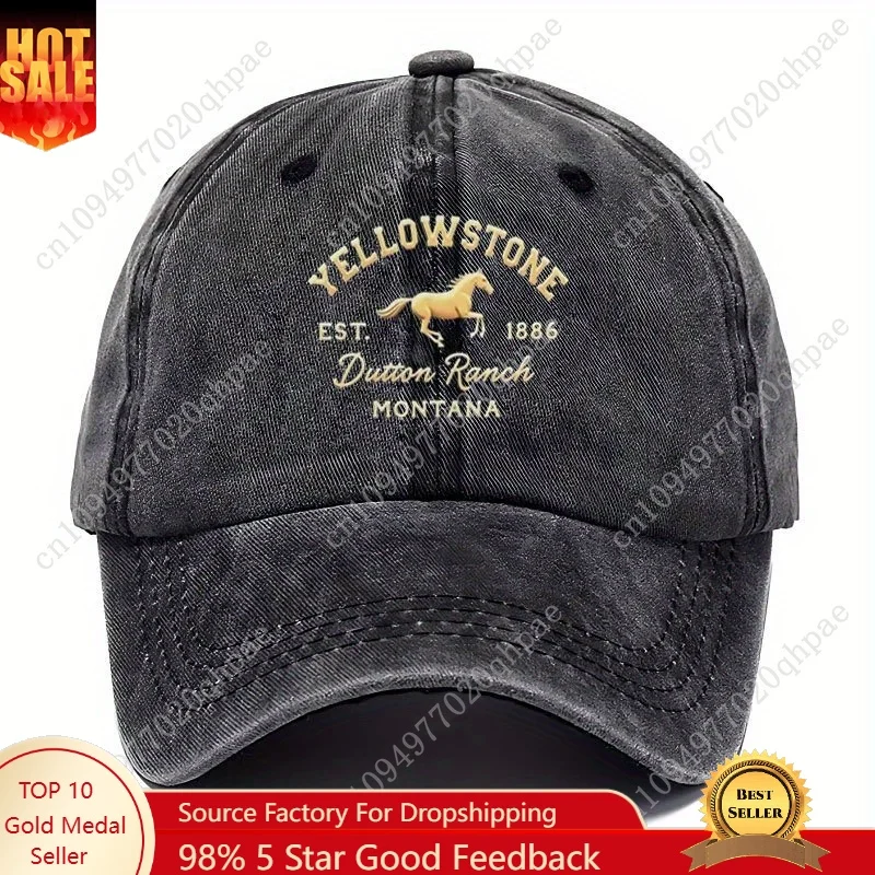 

Vintage Yellowstone Cap 1pc YELLOWSTONE Vintage Baseball Cap Unisex Soft Top Hat with Distressed Washed Look, Black with Gol