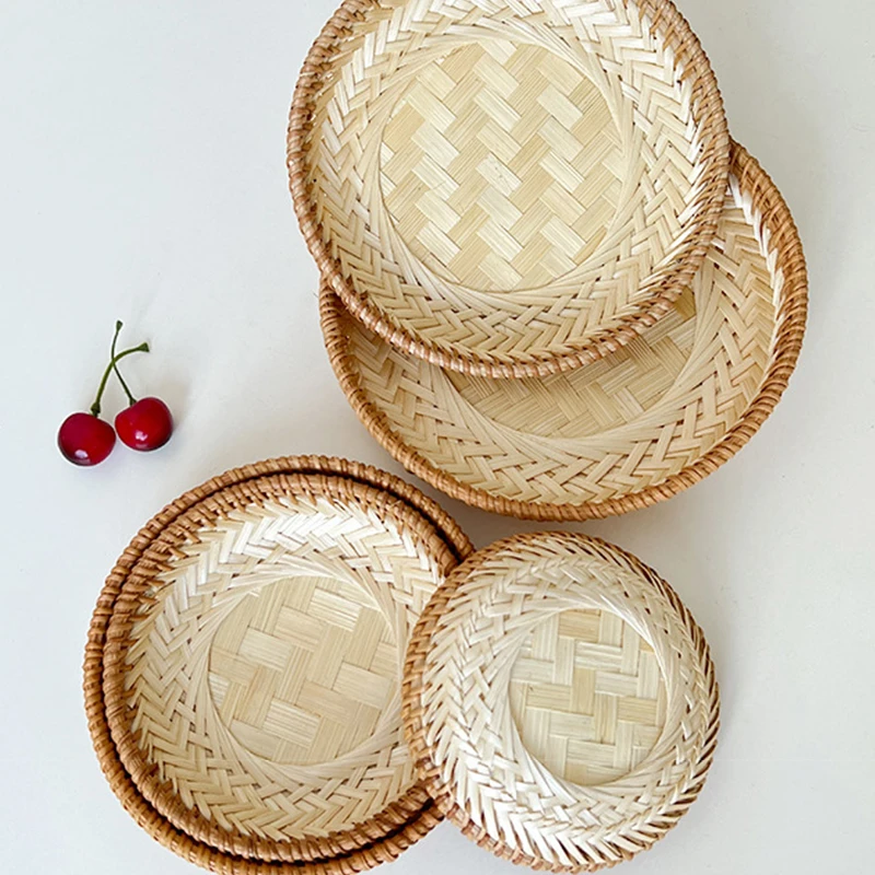 1pc European Style Simple Handmade Circular Storage Basket Made Of Bamboo And Rattan Bamboo Woven Fruit Chinese Pastry Plate