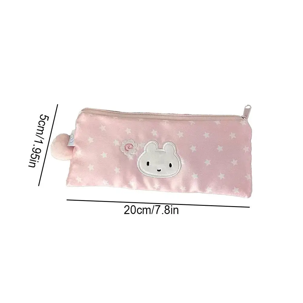 Pink Pen Bag Cute Cartoon Star Rabbit Pattern Plush Large Capacity Pencil Case Zipper Design Stationery Storing Bag Students
