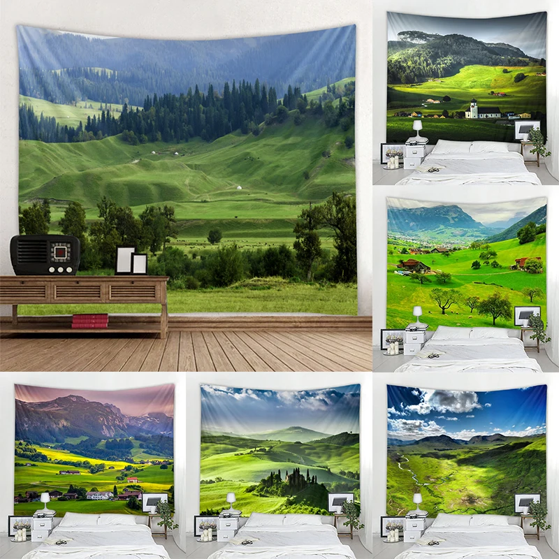 Grassland Forest Eye Protection Tapestry Green Landscape  Bohemian Style Home  Aesthetic  Design