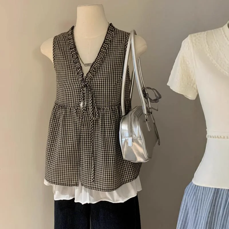 

Plaid Tops & Tees Korean Chic Design Niche Shirt Vest Skirt Children's Summer Thin Sleeveless Outer Doll Shirt Top Women Tee New