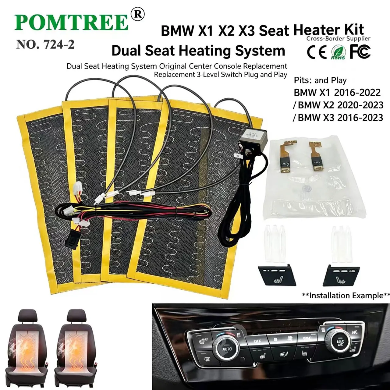 Built-in Car Seat Heating System Kit Fit 2 Seats,Compatible With BMW X1 Models,Including Heating Pads & Special Switch