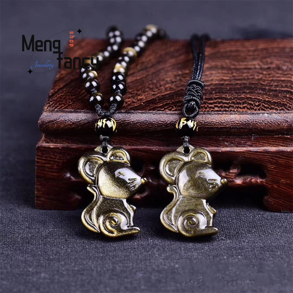 

Natural Gold Obsidian Chinese Zodiac RAT Pendant Charms Fashion Couple Luxury Fine Jewelry Women Men Sweater Chain Holiday Gifts