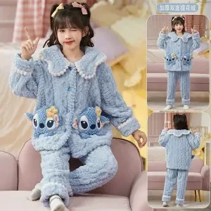 Disney Stitch Stellalou Linabell Snow White Cute Girls Pajamas Coral Velvet Thickened Home Clothes for Middle and Large Children