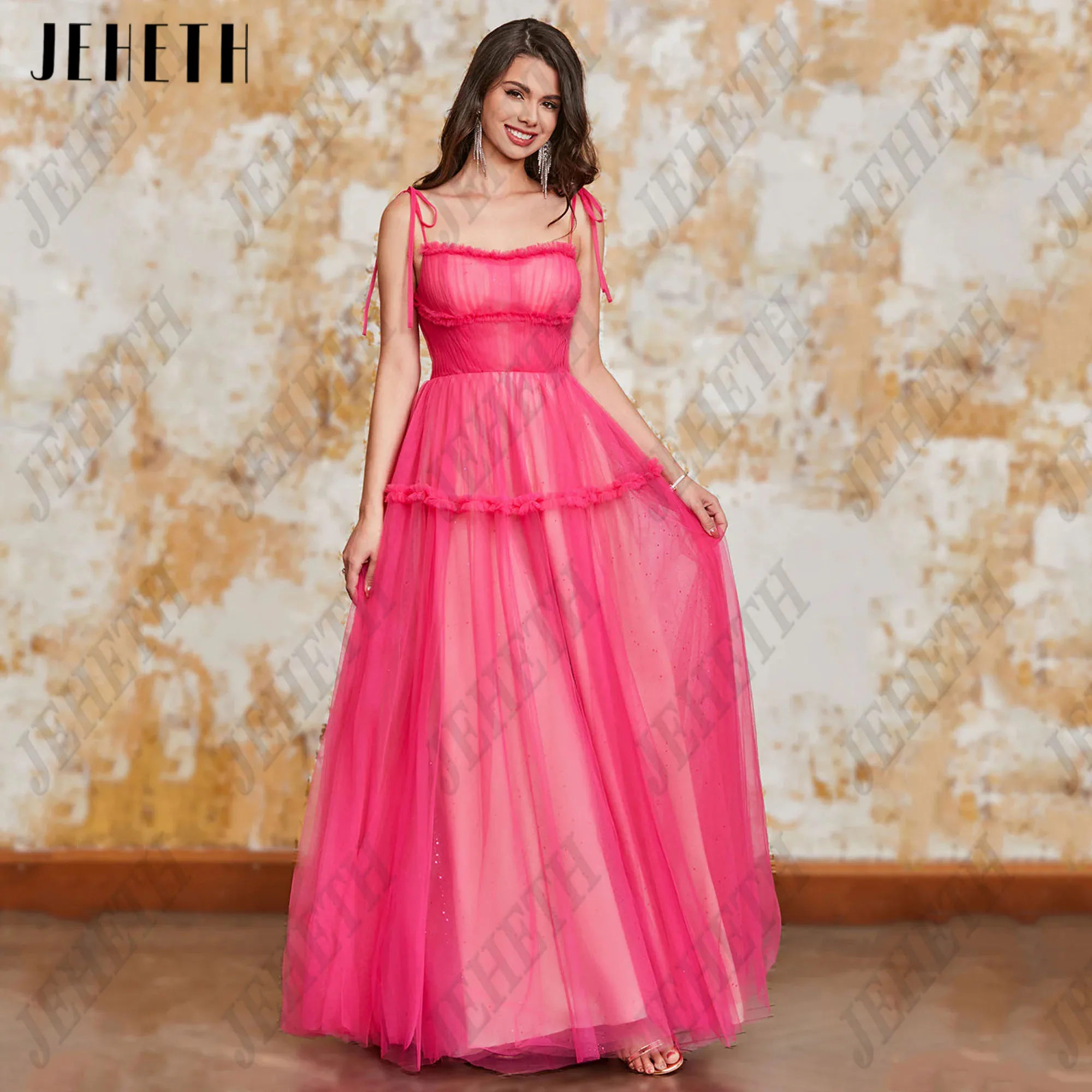 Jeheth Fee Fuschia Tüll Ballkleid Spaghetti träger A-Linie Abendkleider boden lange formelle Anlass Kleider angepasstJEHETH Fee Fuschia Tüll Ballkleid Spaghetti Träger A-Linie Abendkleider Bodenlang Formelle Anlässe Kl