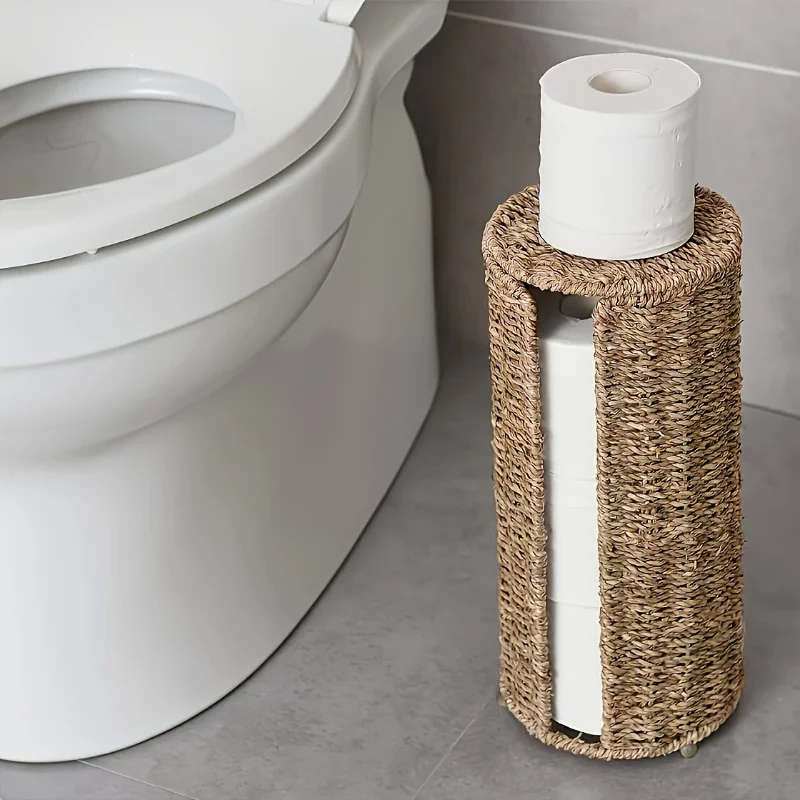 Independent Iron Toilet Paper Holder, Handwoven storage basket, No-Drill Bathroom Organizer with Cup Holder