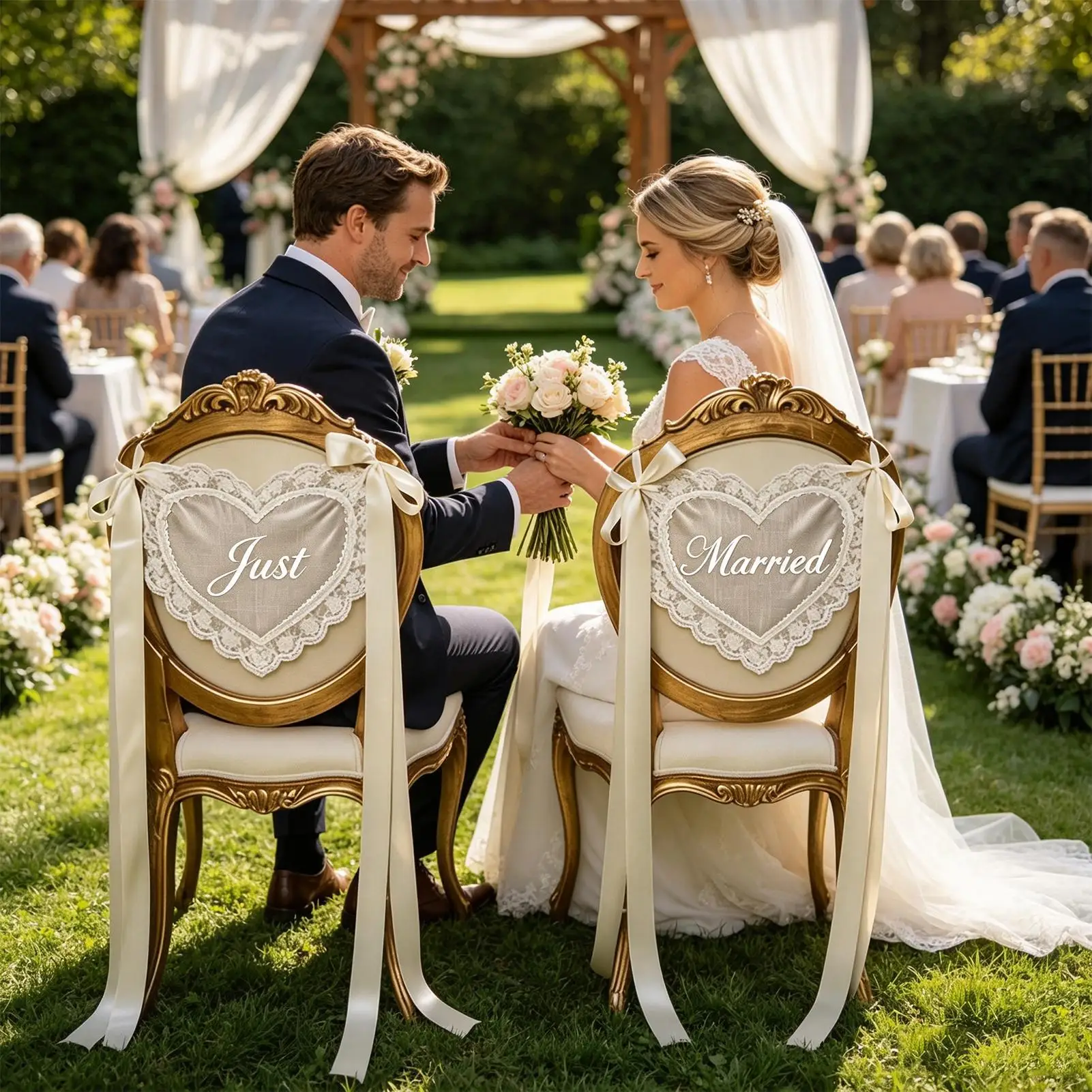 Just Married Chair Sign 2 Piece Sheer Heart With 3 Meters Ribbon Elegant Wedding Chair Decor For Reception Ceremony Bridal