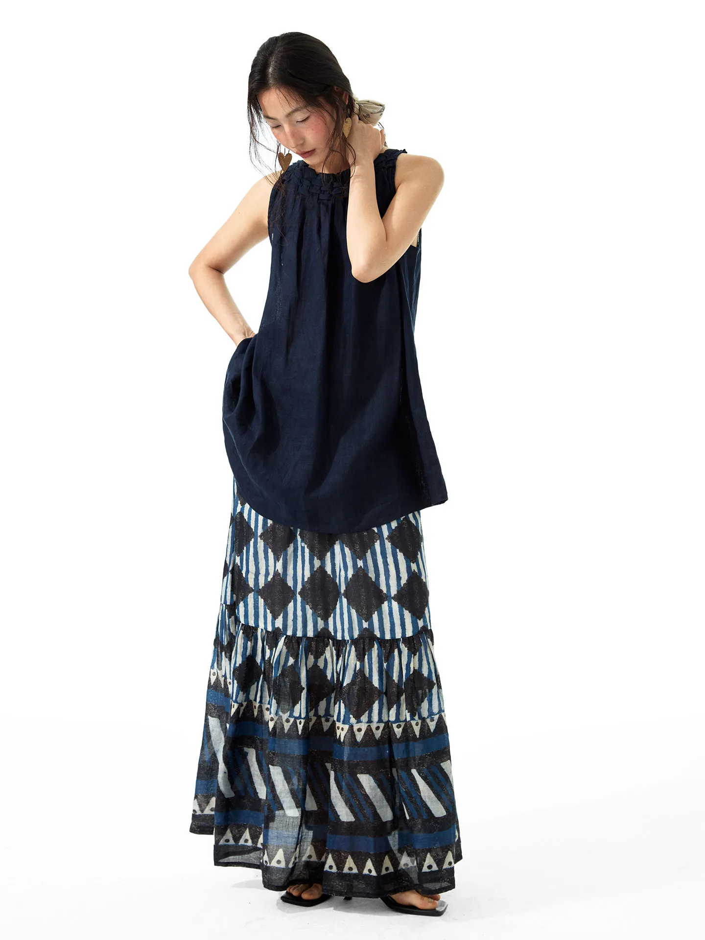 

Винтажная льняная юбка с принтом Loen, женская длинная юбка в клетку в богемном стиле, с завышенной талией, А-силуэт, свободный крой, весна 2026