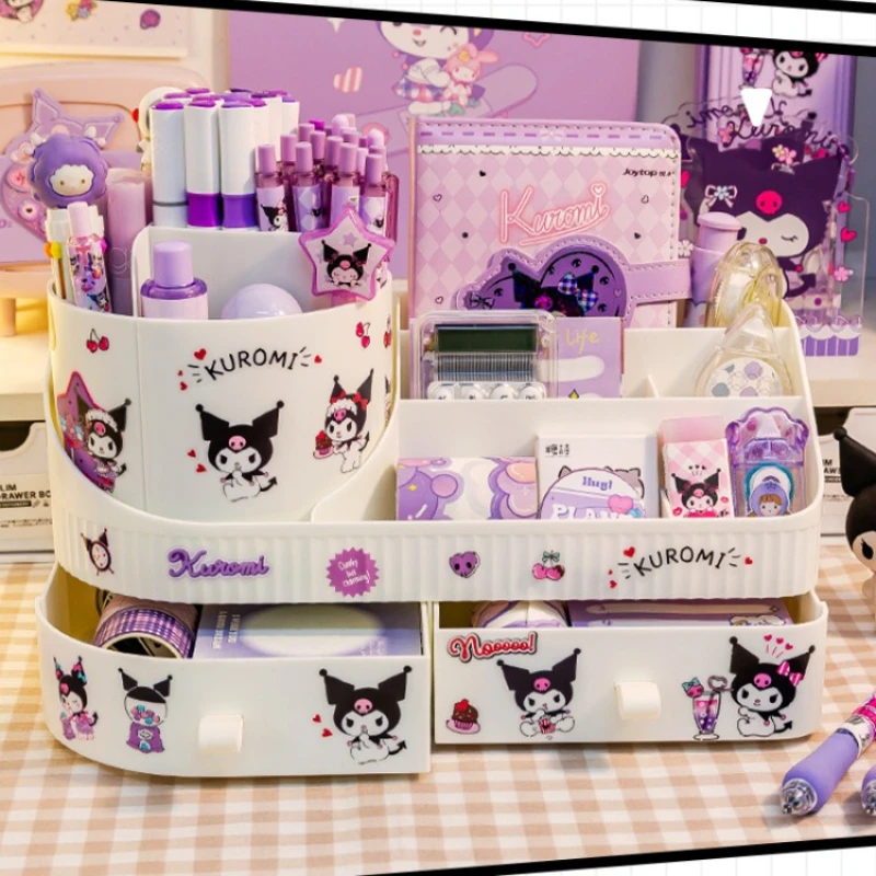 Porte-stylo rotatif Kawaii Sanurgente Kuromi, boîte de rangement, grande capacité, bureau mignon, rangement multifonctionnel T1