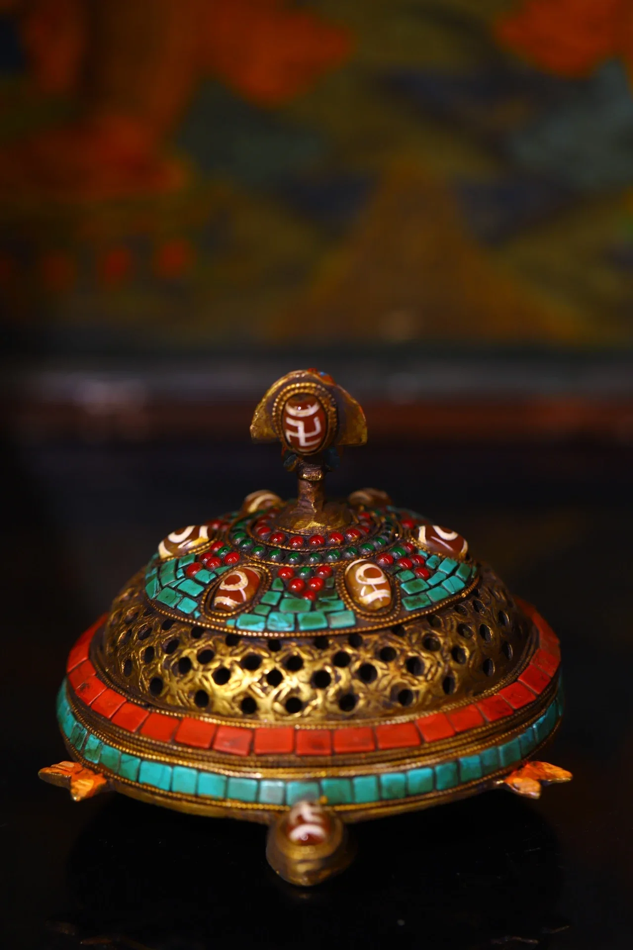 

6"Tibetan Temple Collection Old Bronze Mosaic Gem gZi Beads Turquoise Phoenix Cover Turtle Incense Burner Worship Hall