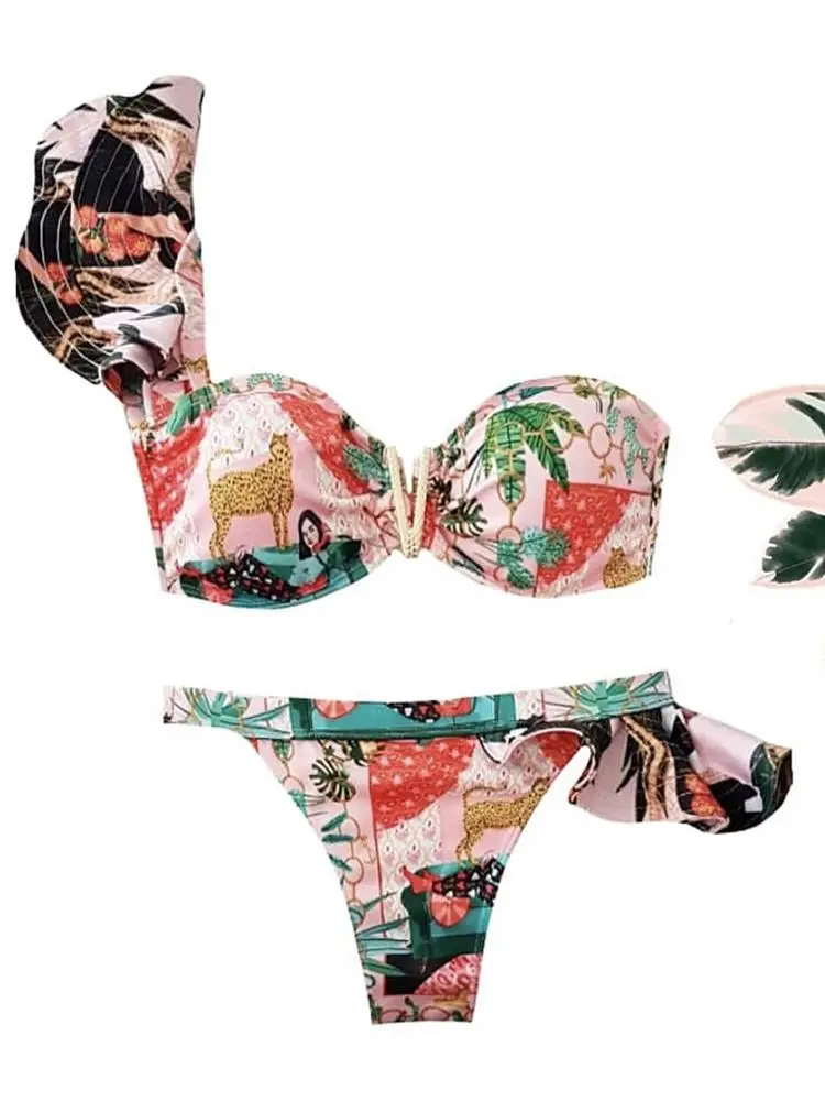 Two-Pieces Women Floral 2022 Push-Up Strappy Ruffles Bandage Bikini Set Swimsuit Swimwear Bathing Suit Beachwear Biquini