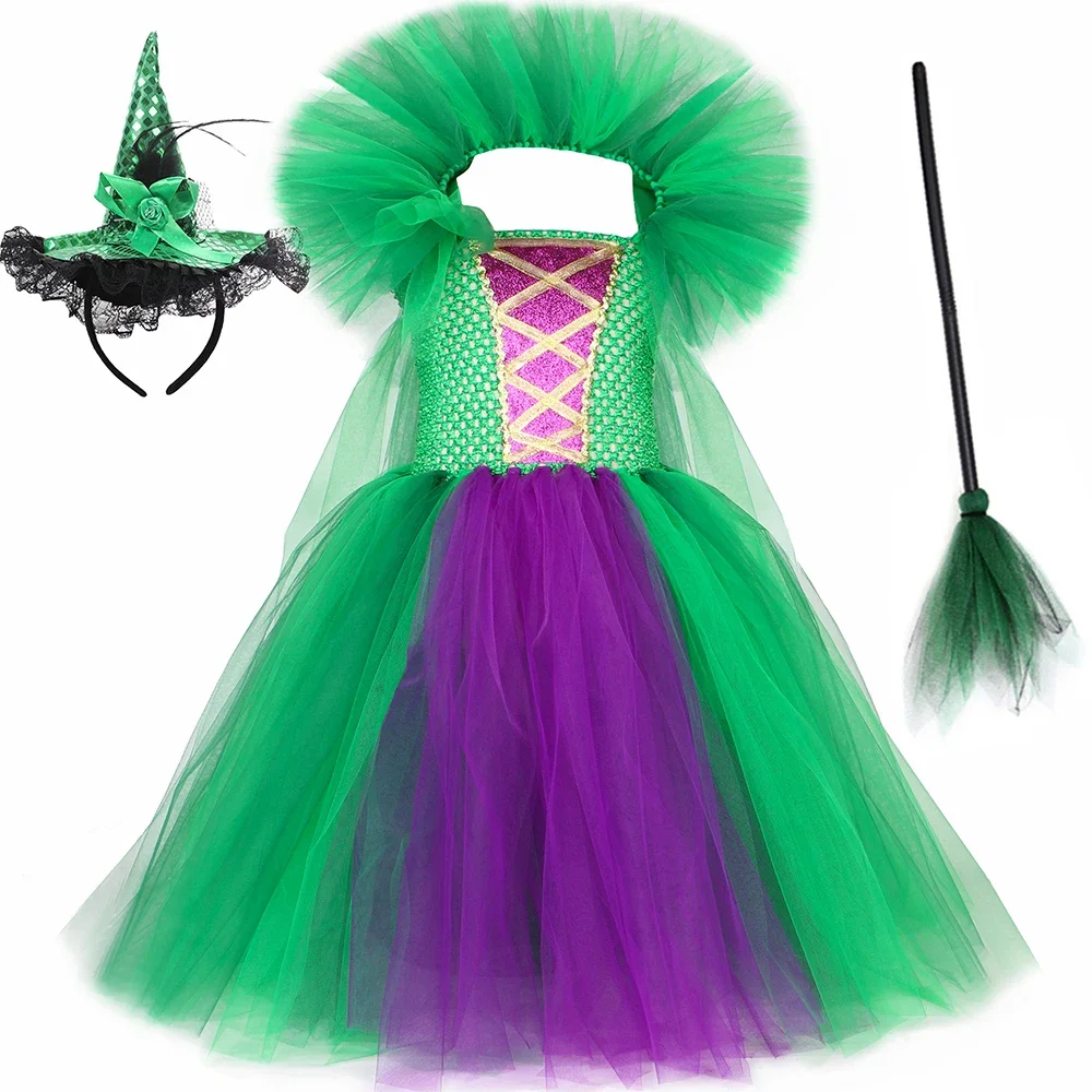 Winifred Sanderson Hocus Pocus Costume Kids Halloween Costumes Girls Green Purple Fancy Witch Tulle Tutu Dress with Cloak Hat