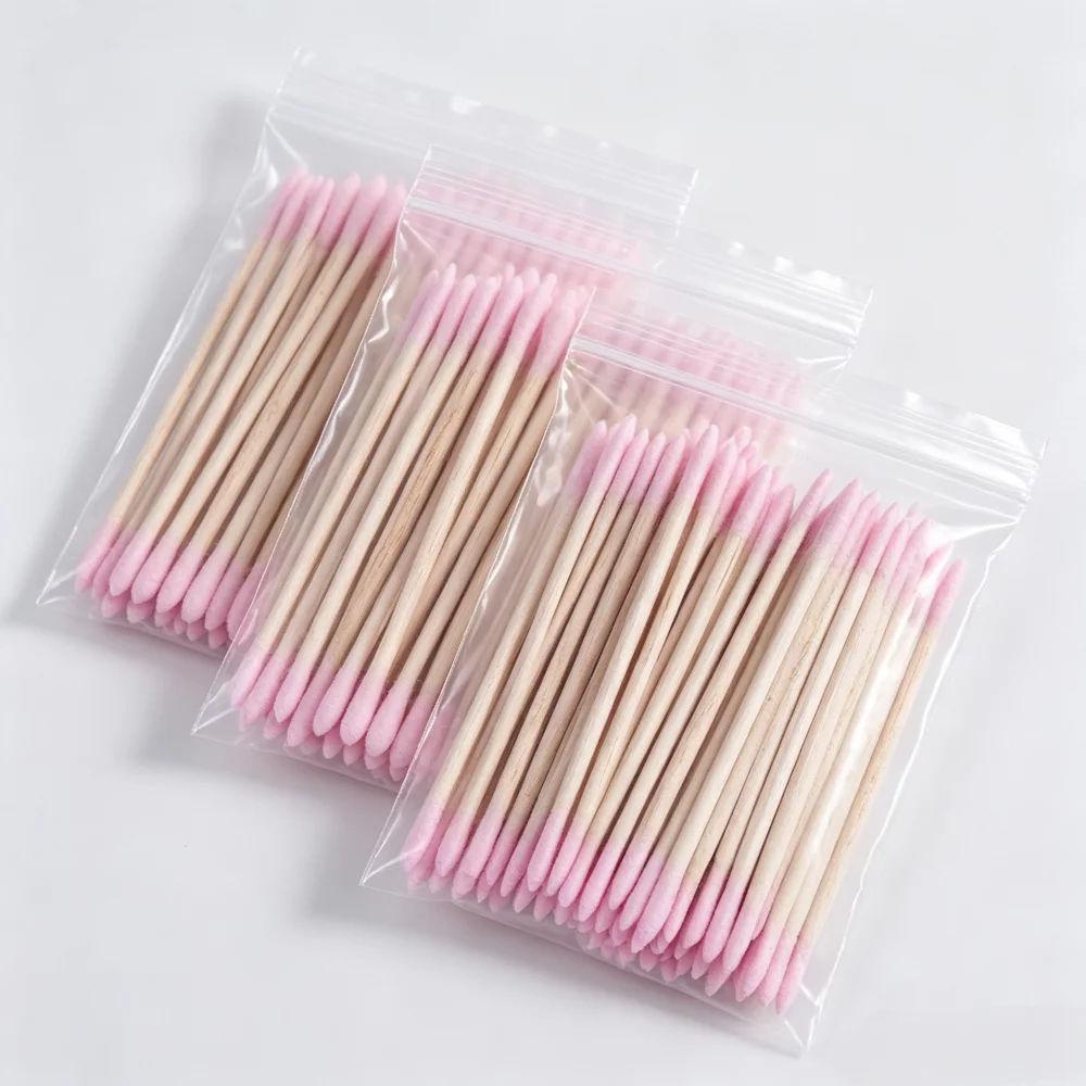 Disposable 10cm Pink Double Tip Cotton Swabs, Long Wood Stick Precision Cotton Buds in Zip Pouch forTattoo& Personal Care,Makeup