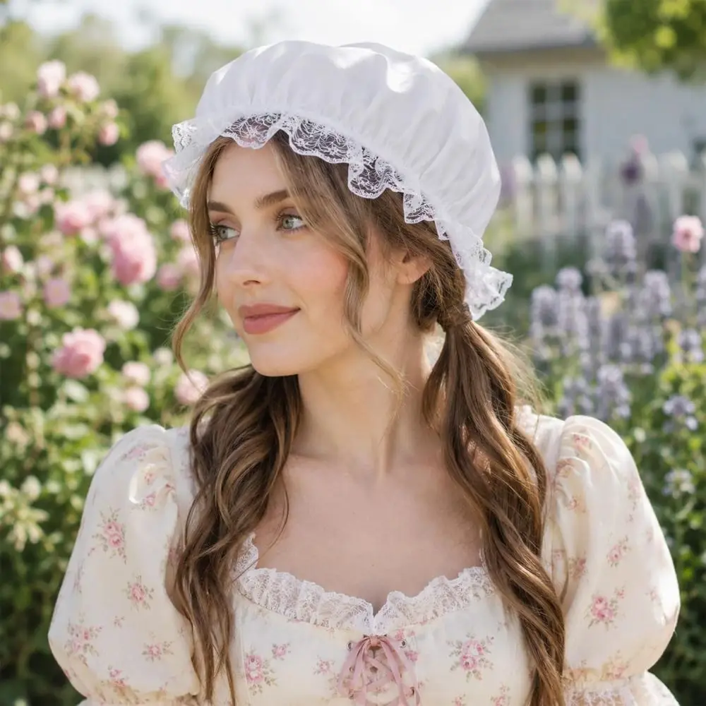 Fashion Lace Trim Mob Cap Ruffled Brim Elastic Band Maid Bonnet Stretchable Fit Colonial Bonnet Costume Parties