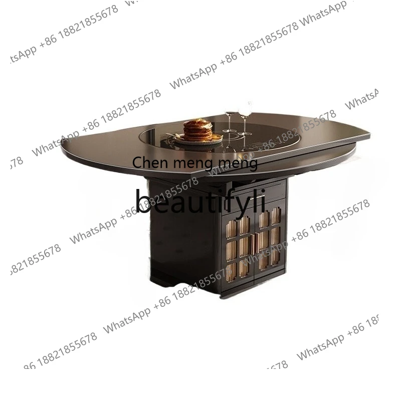 Solid wood round table induction cooker electric vegetable warming turntable retractable black rock slab household dining table
