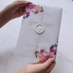 PINK and RED flower Vellum  Wrap suitable for a 5 x 7 Wedding Invitation
