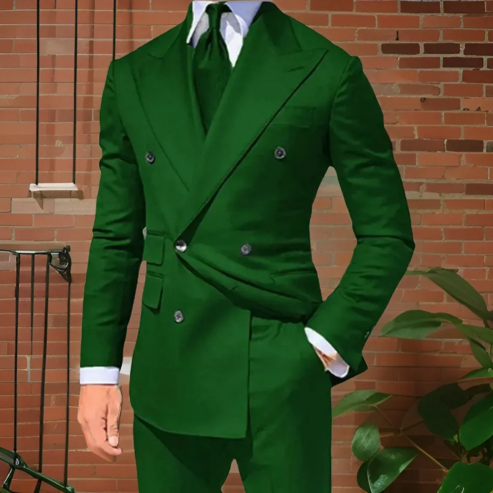 

Double Breasted Tuxedo Suits For Men Wedding Gentlemen's Prom Dancing Blazer Green Jacket With Pants 2 Pieces For Business