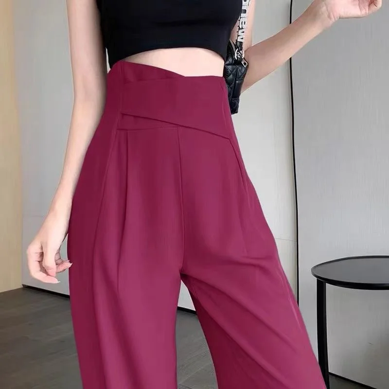 Straight Leg Trousers for Women Tailoring High Waist Elastic Wide Loose Work Baggy Office Clothing Womens Pants Purple Outfits G