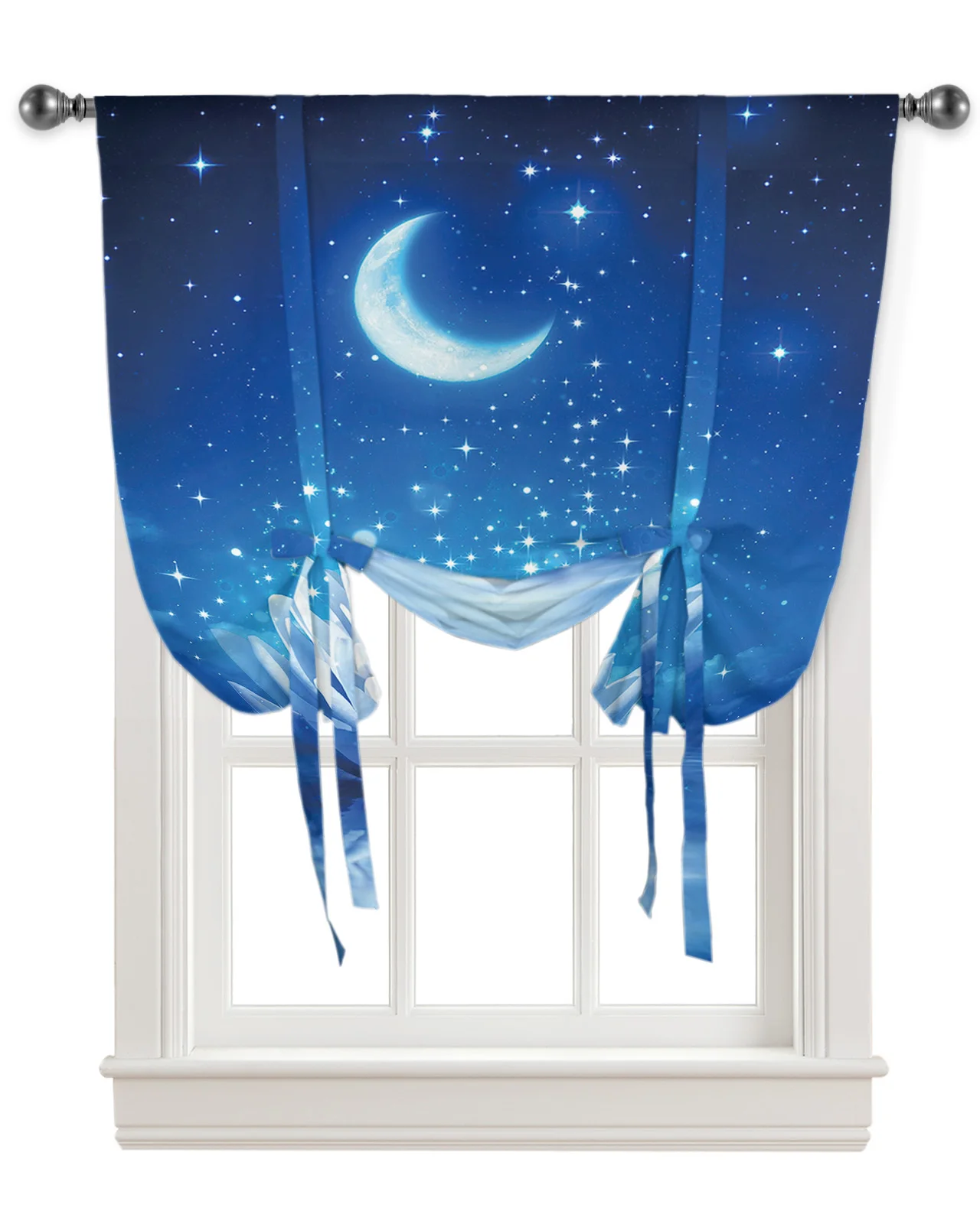 Blue Moonlight Lotus Moon Kitchen Short Window Curtain Rod Pocket Curtains Home Decor Bedroom Small Window Roman Tie Up Curtains