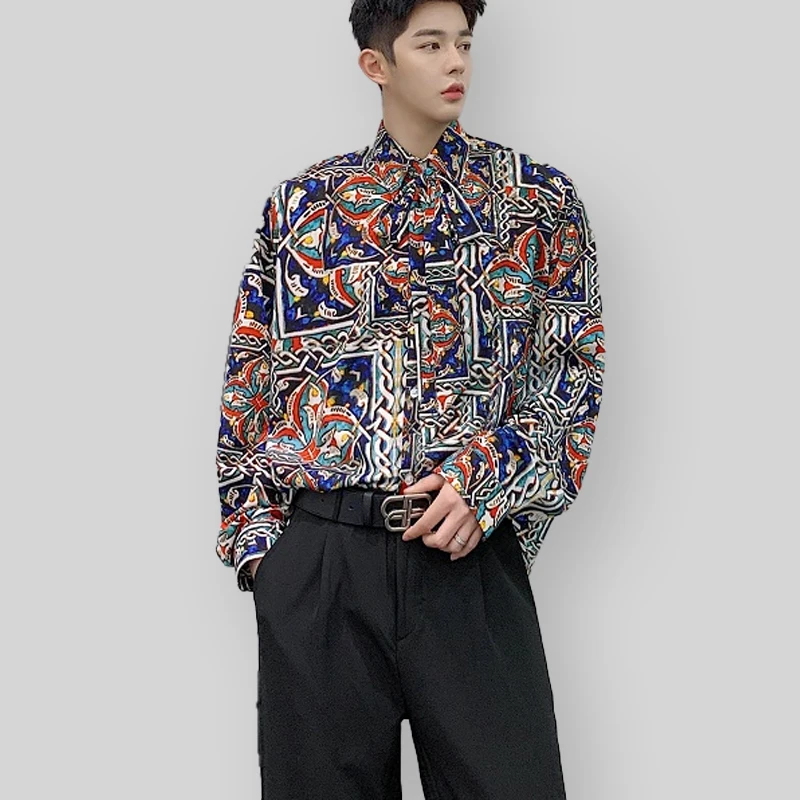 

Camisa Social Masculinas Shirts for Mens Tribal Geometry Chain Printed Camp Collar Black Long Sleeve Shirt blusa mujer moda 2023