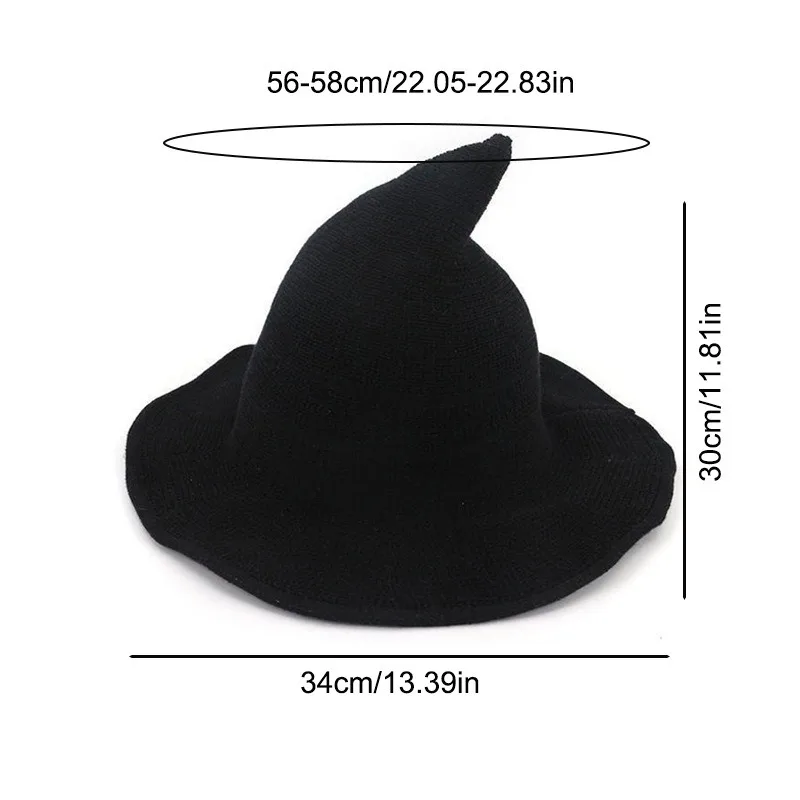 Halloween Knitted Witch Hat for Women Adult Black Pointed Knitted Hat Autumn Winter Men Pointed Wizard Hat Foldable Beanie Hat