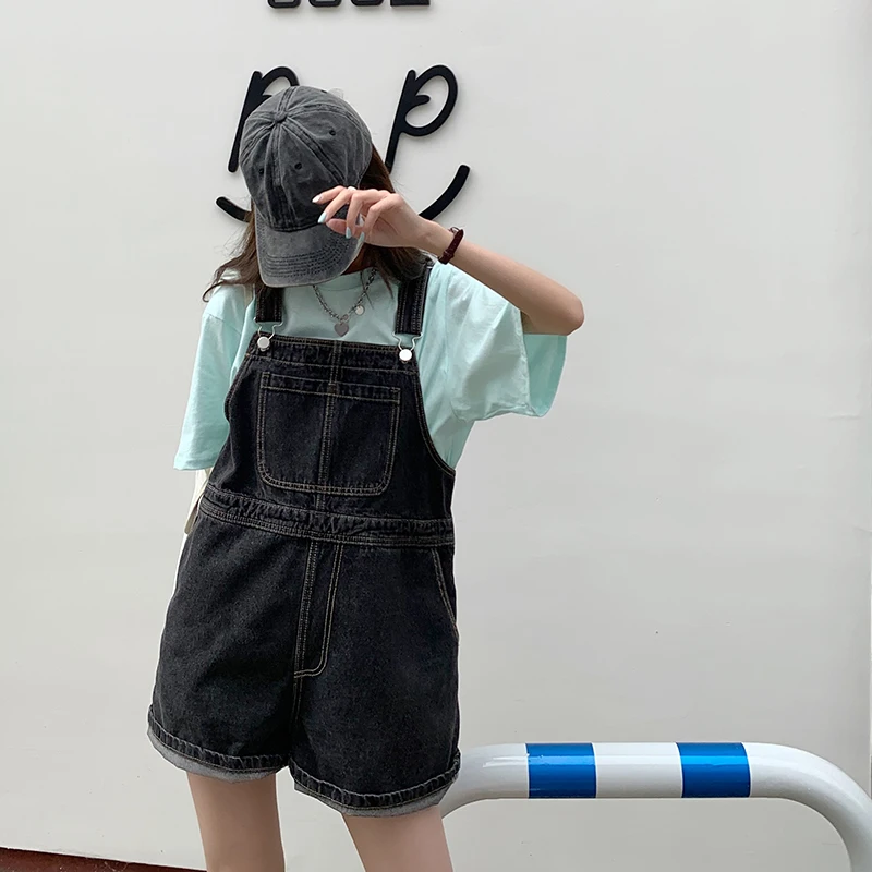 SML 2Colors Summer korean preppy style Jumpsuit Denim Overalls For Womens Girls blue Jeans Shorts womens (78655)