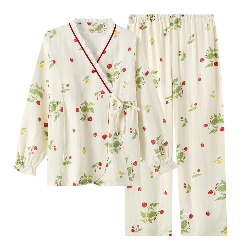 Pure Cotton Postpartum Clothing Long Sleeve Trousers Nursing Pajamas Set Female Lace Up Adjustable Pyjama Set Loose Home Wear