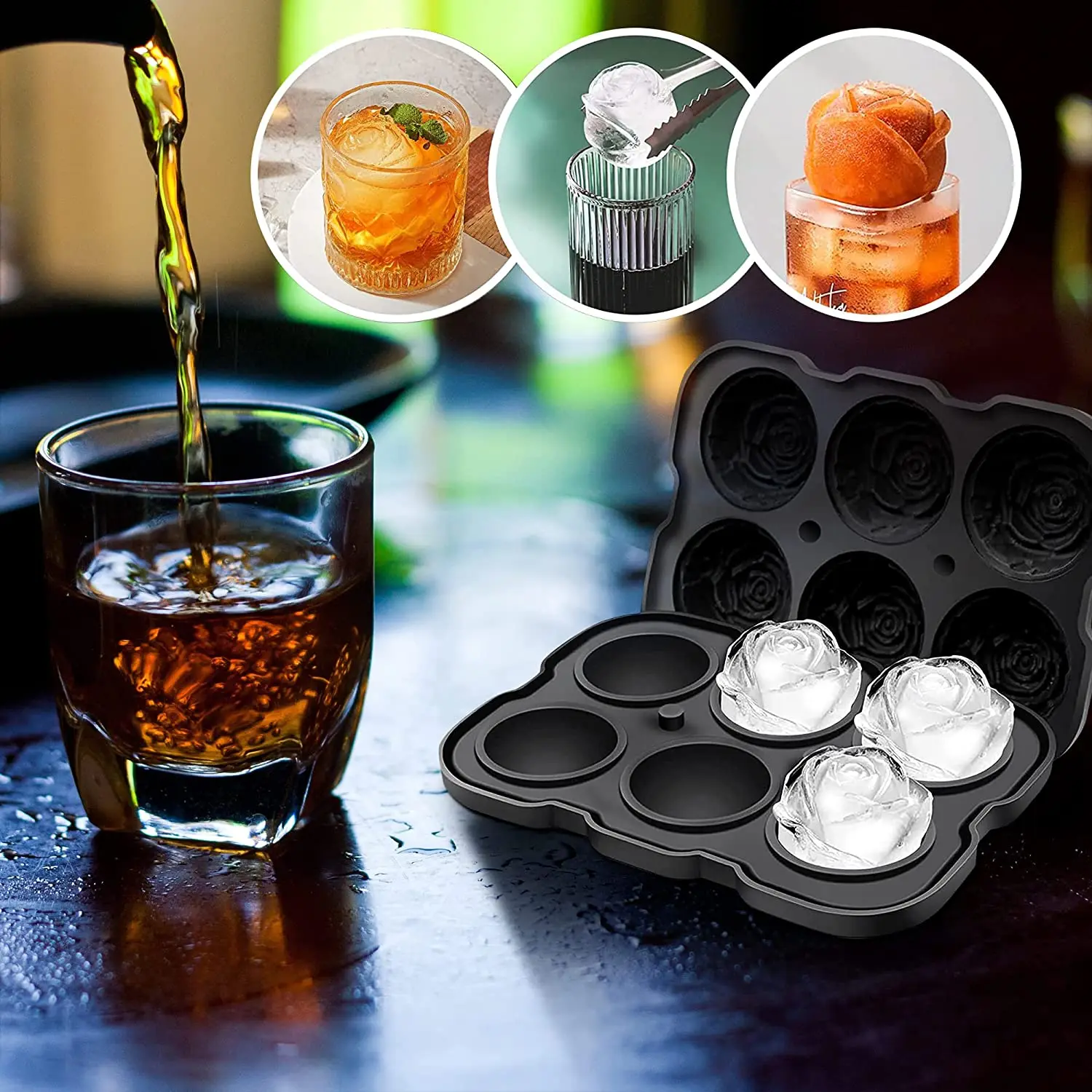 Leeseph Ice Cube Tray, Rose Ice Cube Trays With Covers, 6 Cavity Silicone Rose Ice Ball Mold for Whiskey, Juice