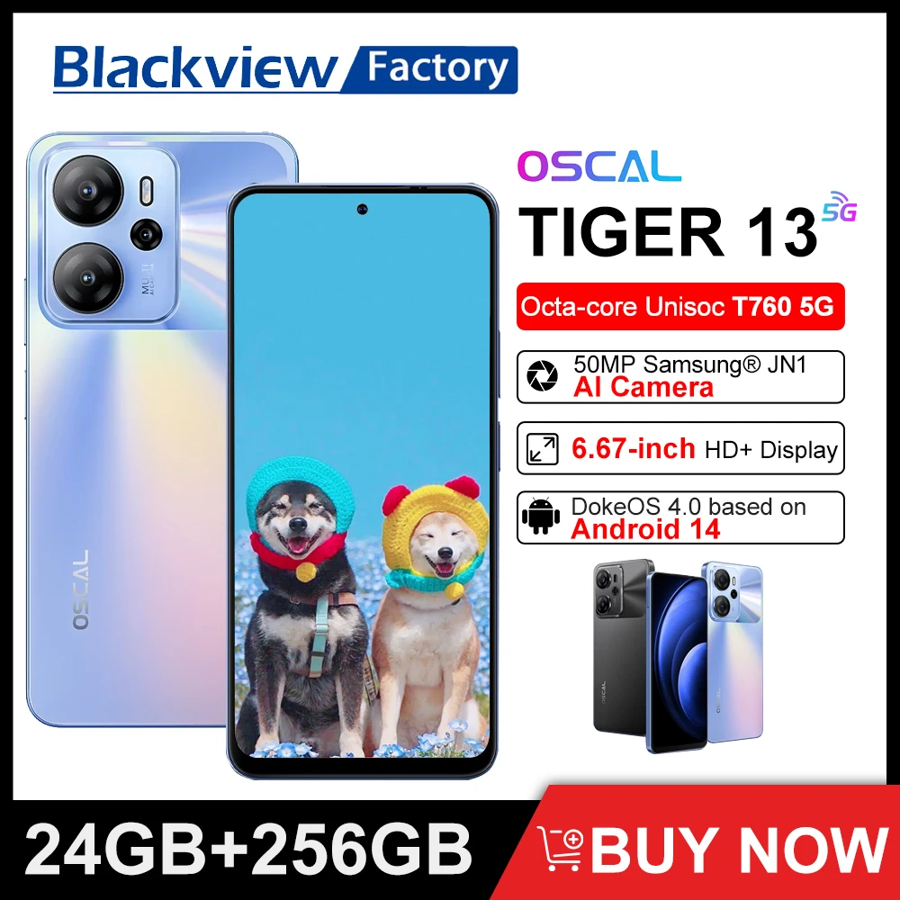 Смартфон Blackview OSCAL TIGER 13 5G 24 (8 + 16 ГБ + 256 ГБ Android 14 5000 мАч NFC-телефон 6,67-дюймовый дисплей 50 МП AI-камера Мобильный телефон