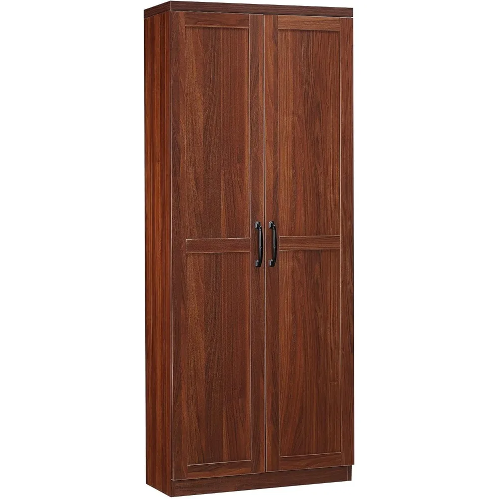 

63" 2-Door Kitchen Pantry, Freestanding Storage Cabinet with 5-Tier Shelving and 2 Adjustable Shelves for Dining Room, Brown