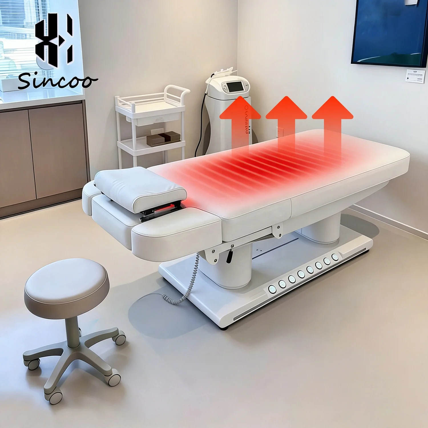 

Stainless Steel White Base with Foot Control Heating Beauty Massage Bed Customizable LOGO Facial Bed
