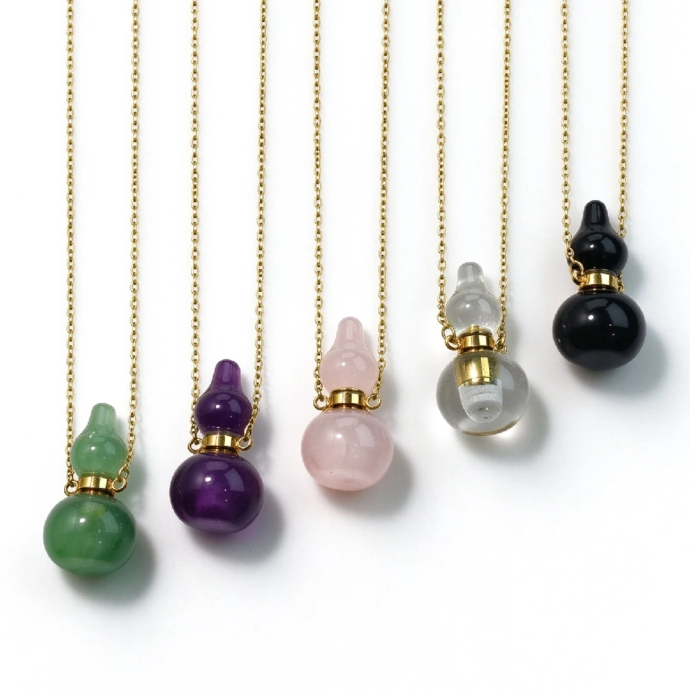 1PC Hollow Calabash Gemstone Aroma Diffuser Necklace Women Mini Scent Container Neck Jewelry Golden Plated N2C1105