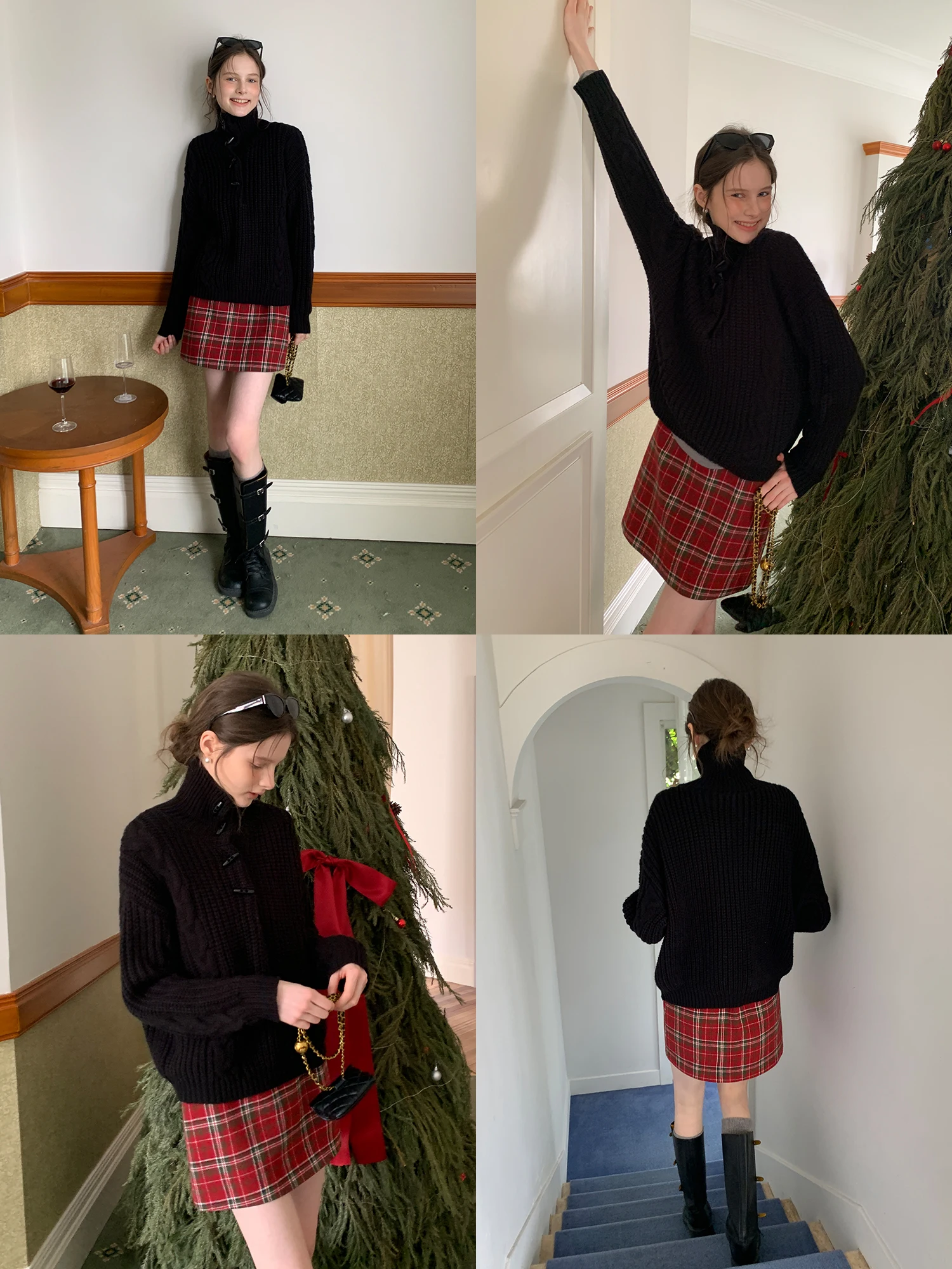 High Waist Plaid A-Line  Skirt Women's Korean Style Half Body Skirt Eggka Retro Atmosphere Color Collision Short Skirt