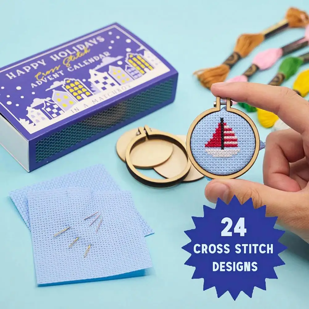 Christmas Advent Calendar Cross Stitch Kit DIY Cross Stitch with Threads Needles Hoop Xmas Countdown Calendar Embroidery Set