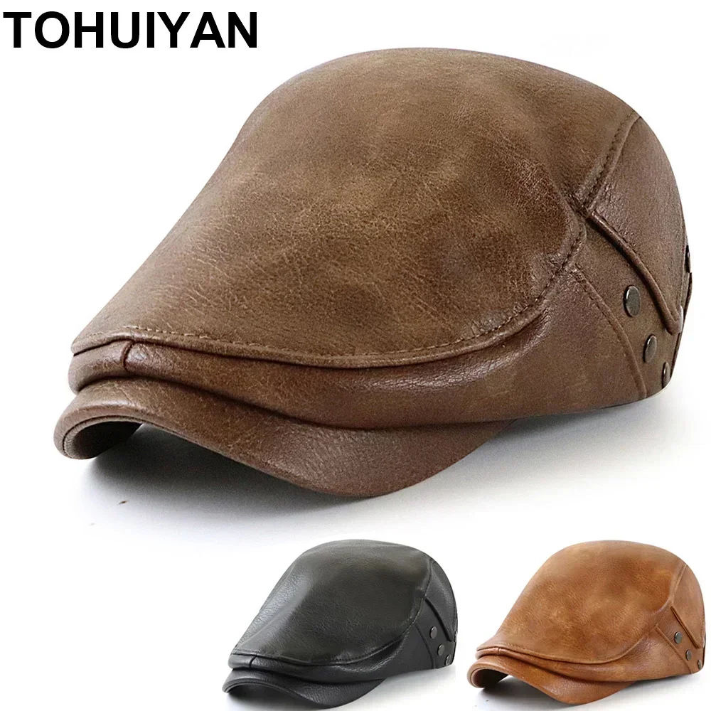 TOHUIYAN Top Level Leather Men Hat Winter Rivets Newsboy Caps Warm Boina Hombre Duckbill Flat Cap Western Unisex Driving Hats