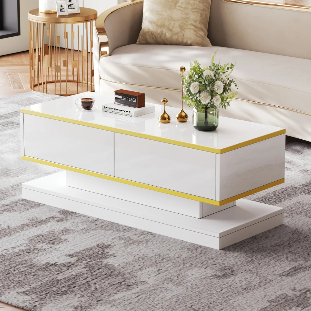 Moderner TV-Ständer mit 3 Schubladen, warmweißes Lowboard, goldener Rand, Wohnzimmer-Aufbewahrungsschrank – Detail 38