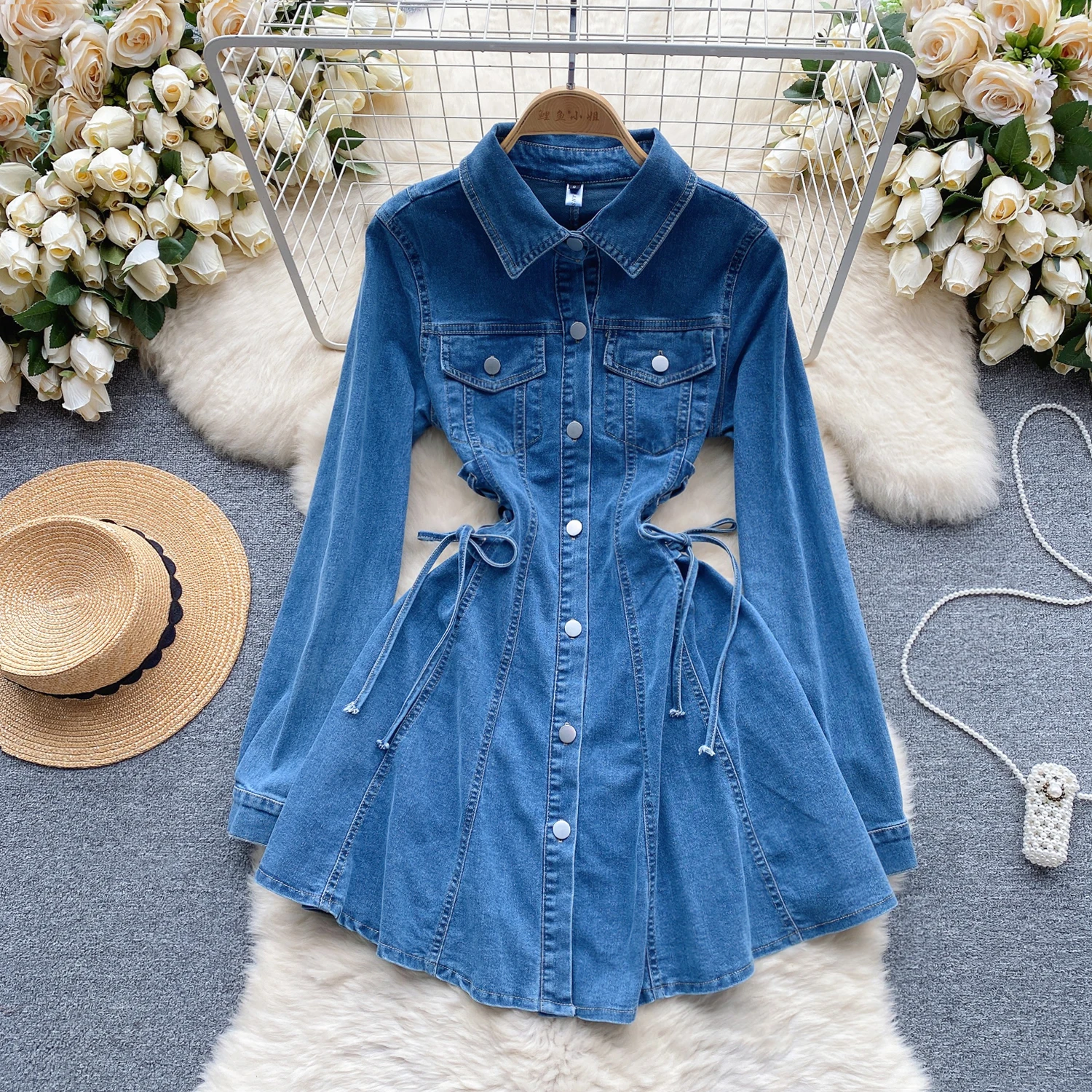 Women Single Breasted Denim Dresses Retro Waist Slimming Temperament Turn-down Collar Bandage Slim Short Jeans Dresses