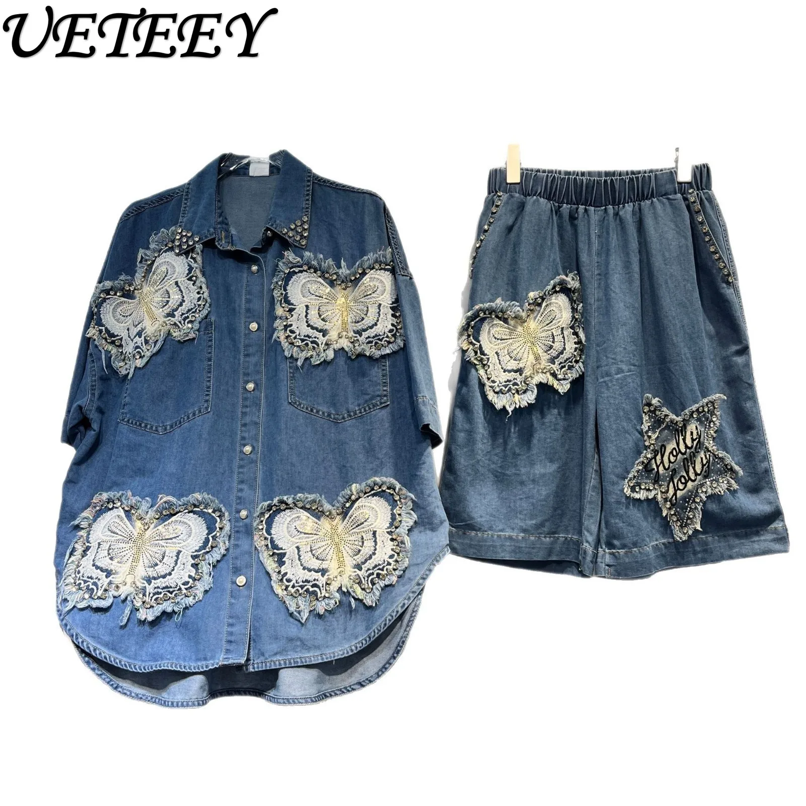 

Fashion Shirt Shorts Set Female Summer New Heavy Five-pointed Star Letter Denim Shorts Two-piece Set Streetwear Women's Outfits