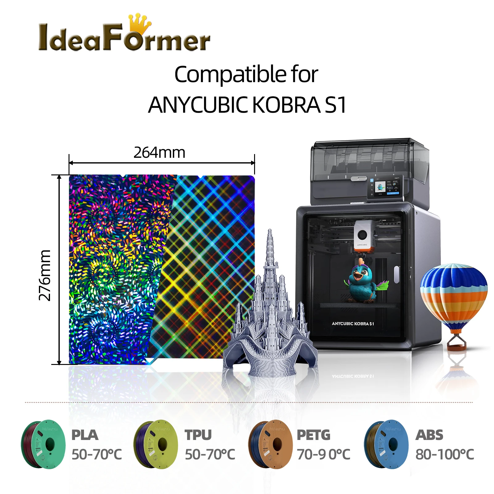 

Для Anycubic Kobra S1 Тарілка для кровати 264x276 мм Kobra S1 Комбинированная сборная пластина двухсторонняя Peo Pet Pei PEY Galaxy Kobra S1 аксессуар 3d