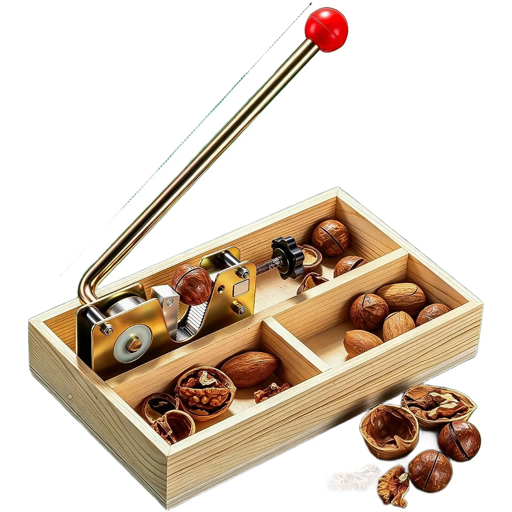 Wooden-Handled Adjustable Nut Cracker with Segmented Storage Tray for Clean Kernel Extraction 10.5 x 7.8 x 2.6 cm