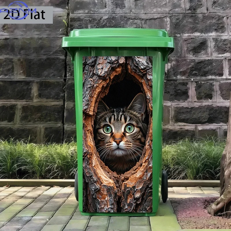 2D Flat Printing 1pc Trash Can Sticker 14.57×32.28inch Tree Hollow Hiding Cat Face Themed Design Self-Adhesive Wall Decal Wall