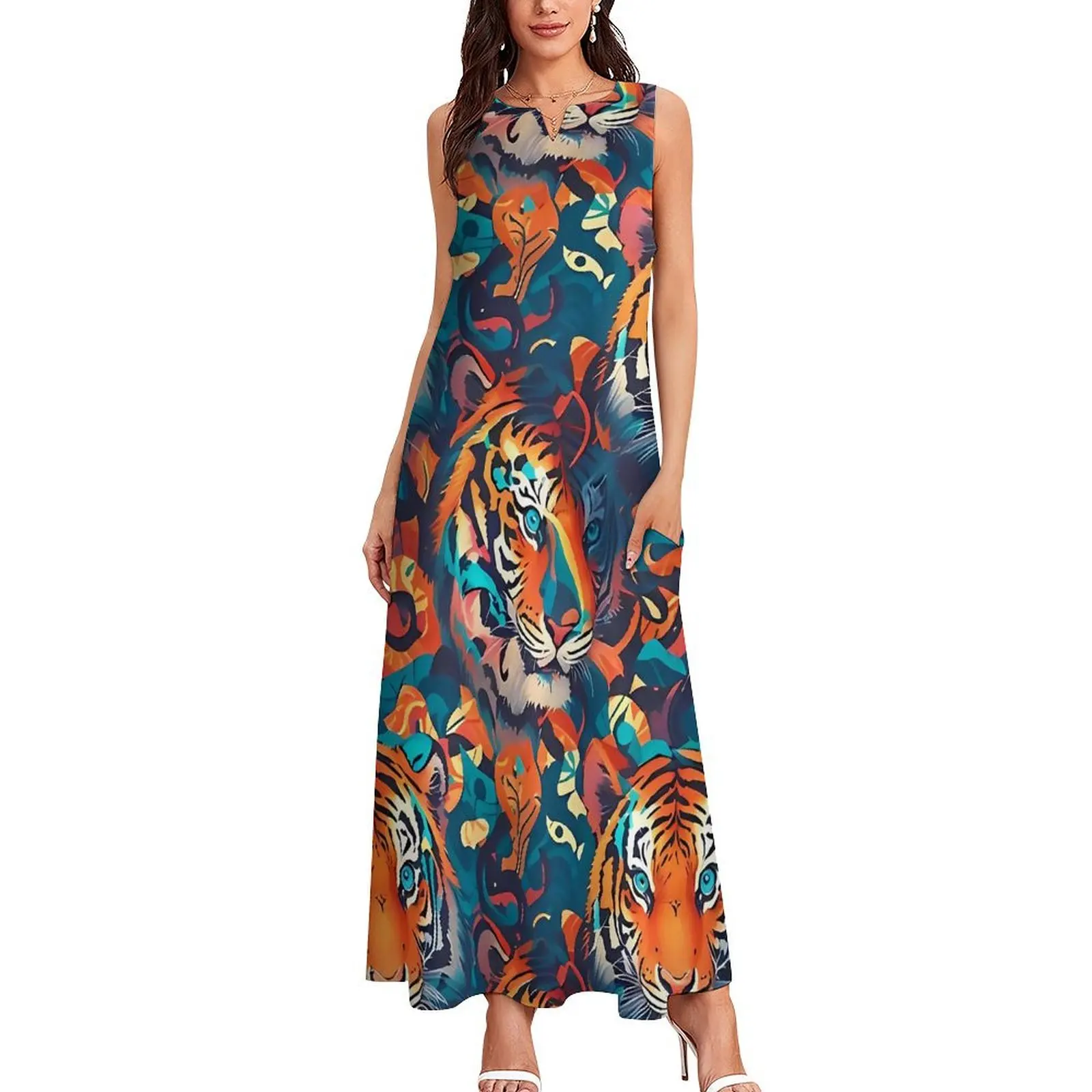 Tiger Camo Pop Art Print Dress Summer Street Wear Boho Beach Long Dresses Women Design Sexy Maxi Dress Large Size