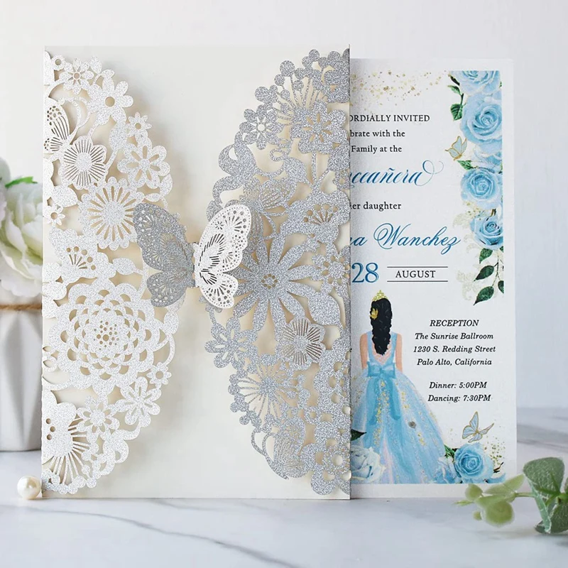 20 Set Butterfly Invitation Cards Lace Wedding Invitations Paper Wedding Invitation Cards + Envelopes (Silver Glitter)