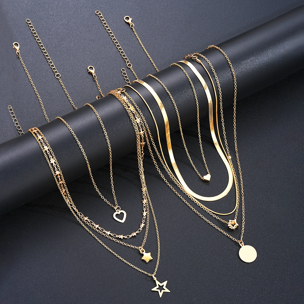 7pcs/Set Simple Star Heart Pendant Necklace Set For Women Fashion Gold Color Elegant Layered Necklace Female Charms Jewelry Gift