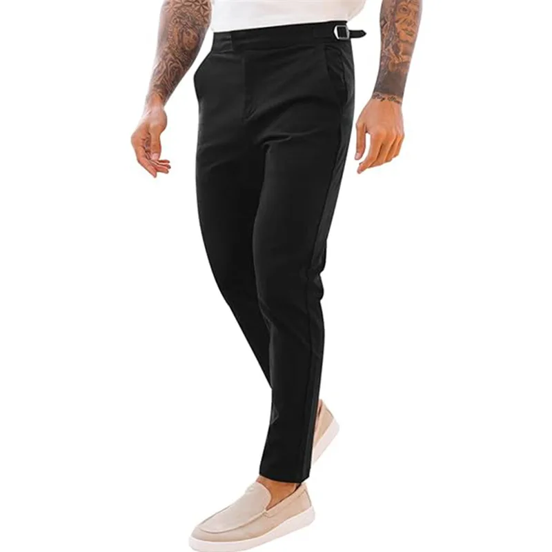 

2026 Spring Summer Men's Stretch Slim Fit Tapered Pants Mid Waist Buckle Trousers Outfit Clothing