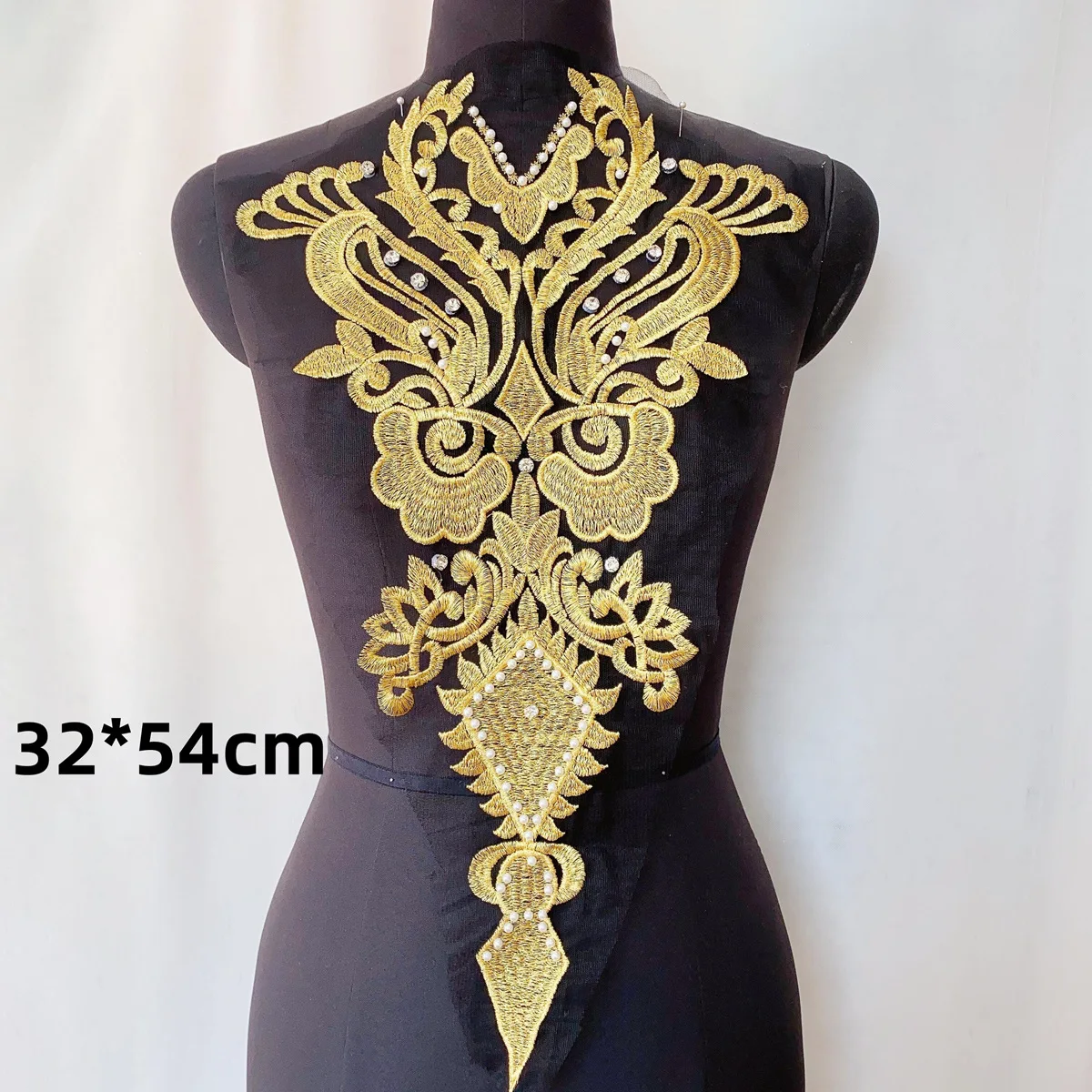 32x54CM Sew-on Rhinestones Pearls Luxury Embroidery Gold Patch Black Tulle Mesh Lace Collar  for Costume