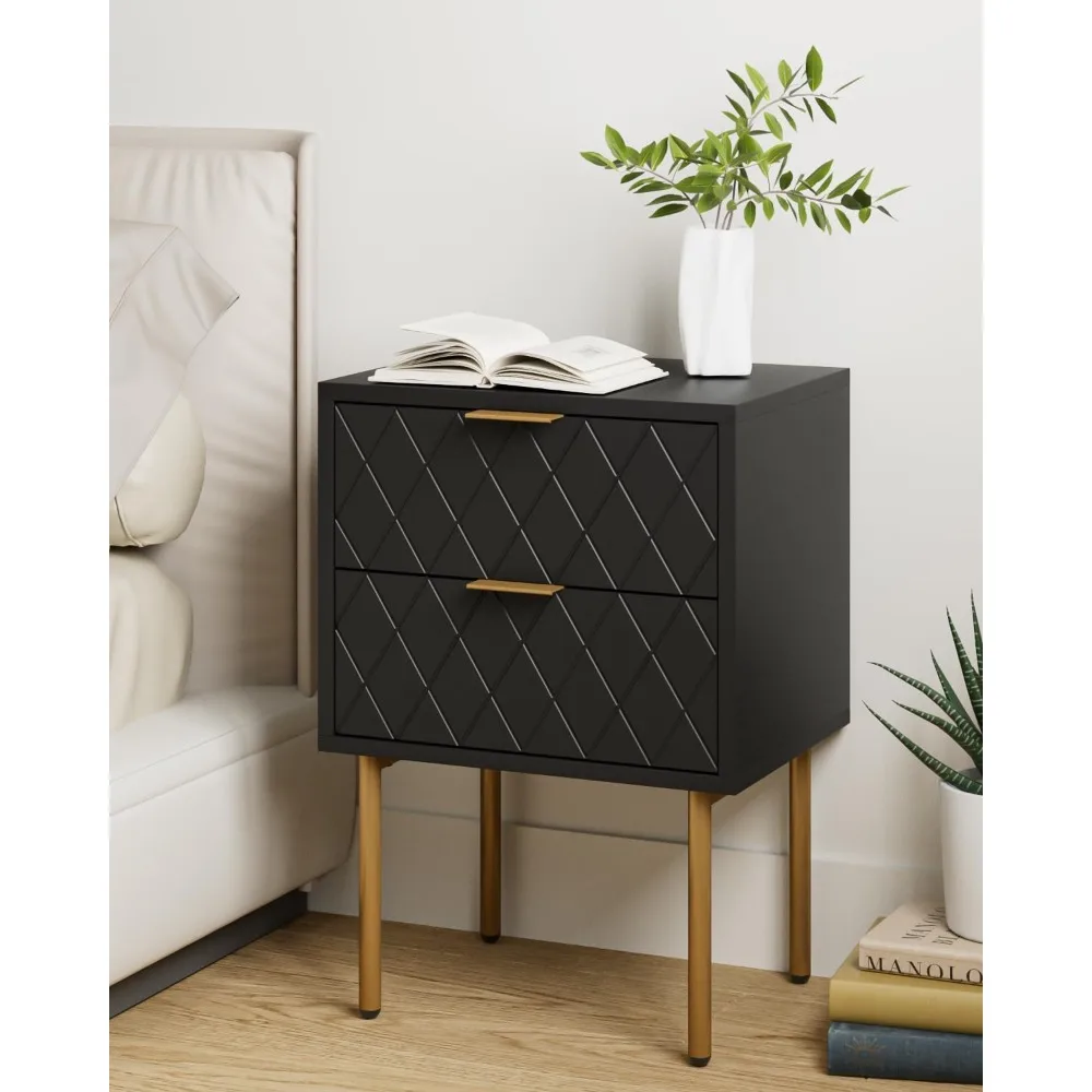 

Night Stand, Modern Nightstand with Drawers, Bedside Table, Gold Small Side Table for Bedroom, Living Room End Table, Black Diam