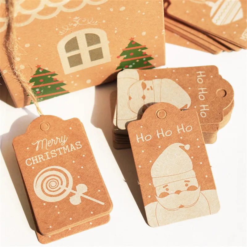 50pcs Christmas Design Kraft Paper Tag Xmas Tree Hang Label Merry Christmas New Year Gift Bags Boxes Wrapping Paper Tags Navidad