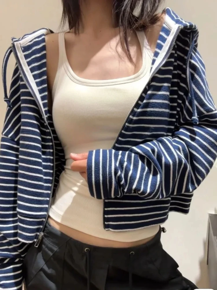 

Spring Autumn Blue Striped Hooded Sweatshirts Harajuku Gothic Vintage Coat Women Y2k Subcultural Loose Casual Jackets