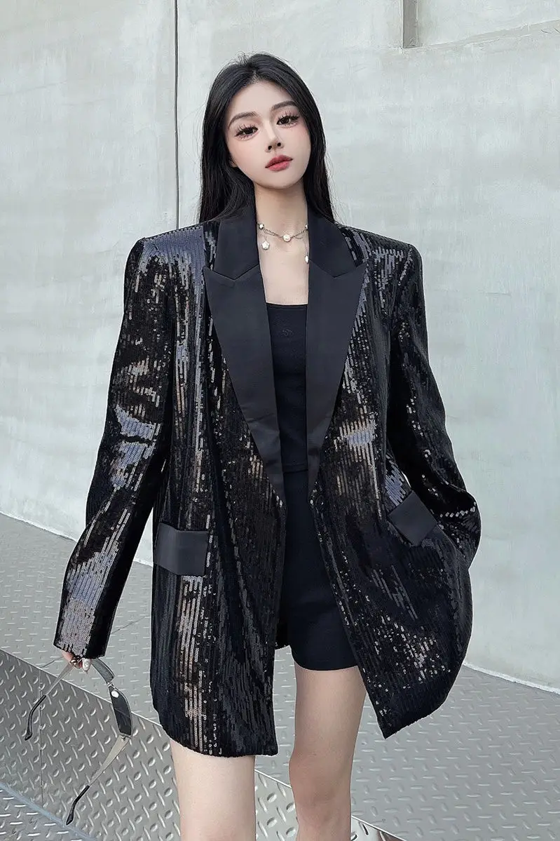 

Black Sequin Blazer for Women 2025 Spring Loose Fit Niche Design Statement Shoulder Elegant Suit Jacket Trendy Fashion Outerwear